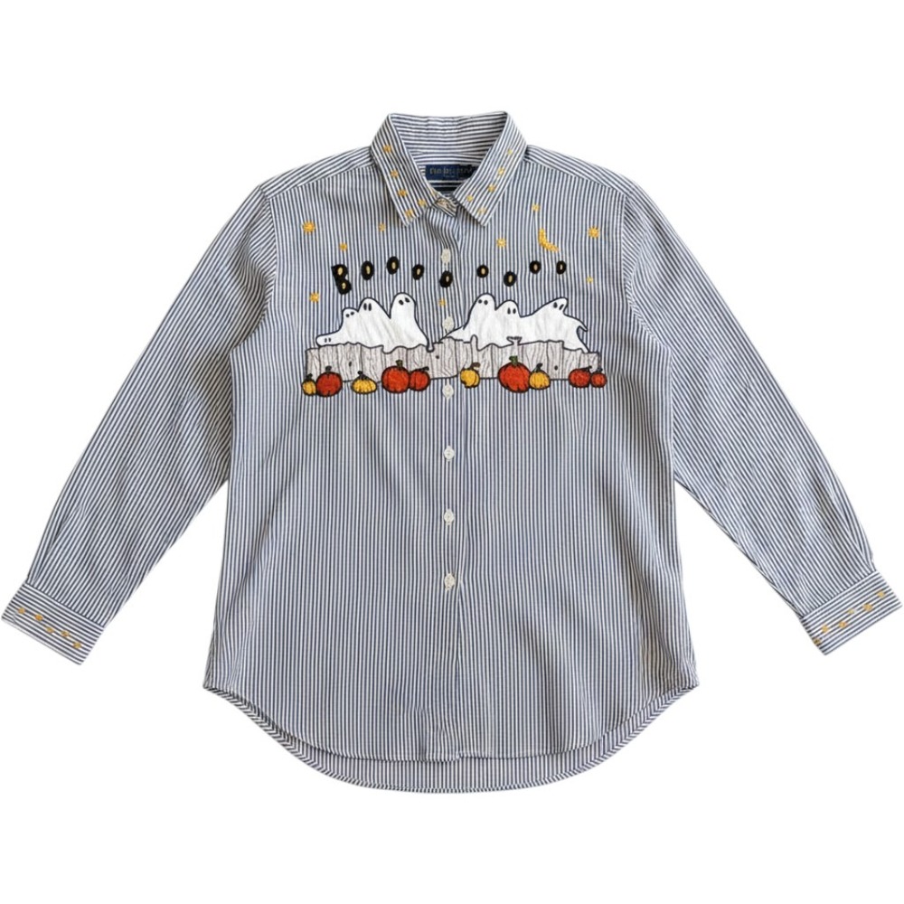 Karen Scott Halloween Ghost Pumpkin Pinstripe Button Down Shirt Navy White M